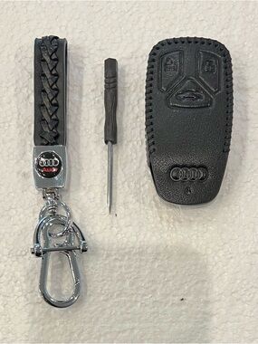 AUDI Black Braided Leather Chrome Keychain & Black Leather Key Fob Case Cover